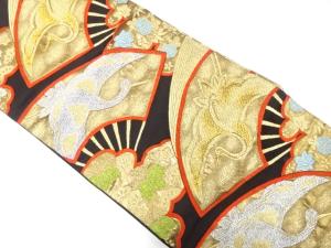 アンティーク　扇に鶴・草花模様織り出し袋帯（着用可）